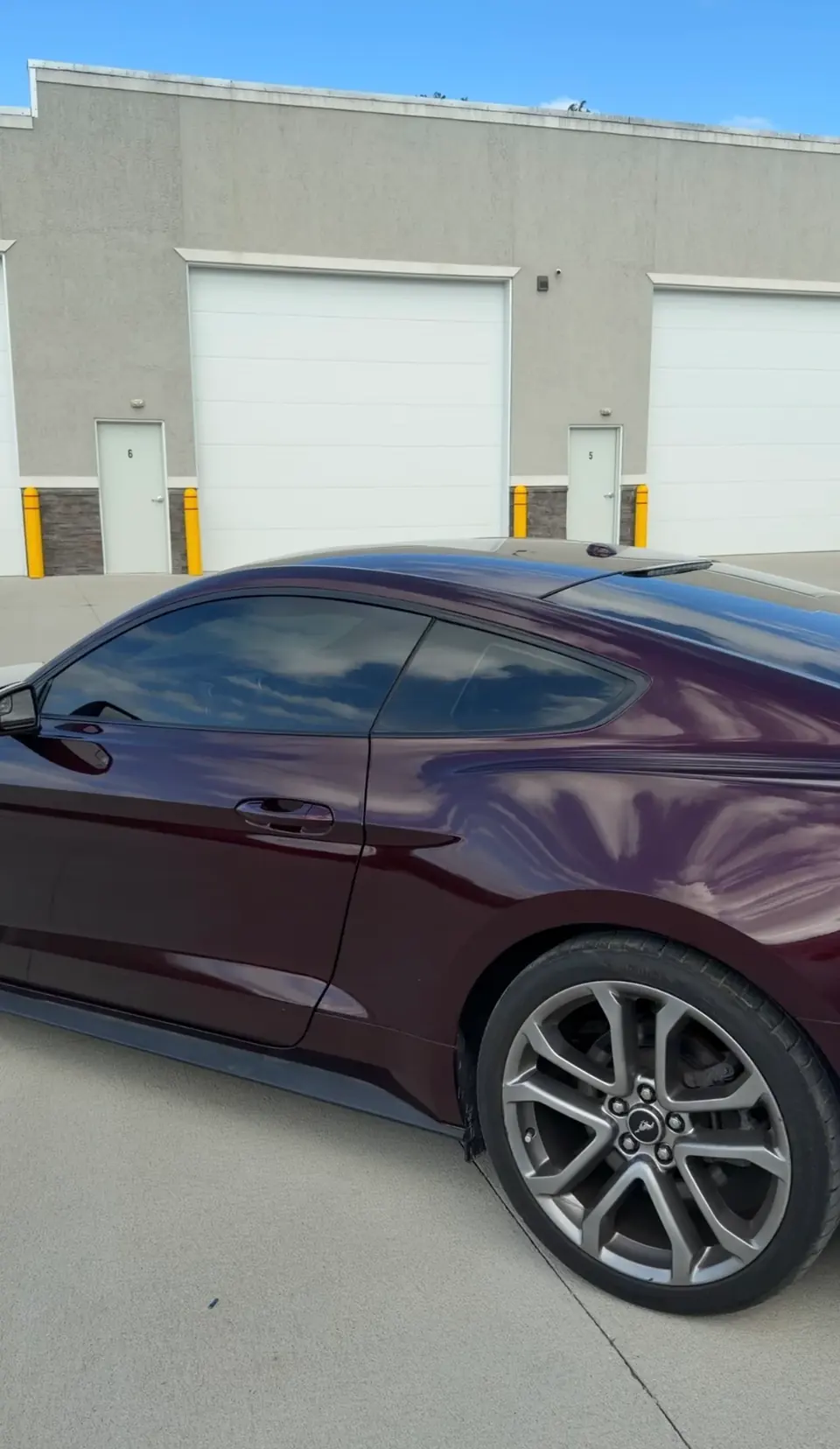 Burgundy Mustang side profile with tinted windows
